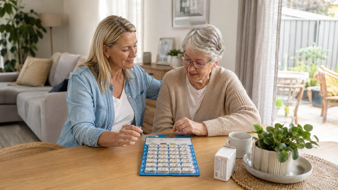 An adult daughter helping her elderly mother manage her weekly Webster pack at home