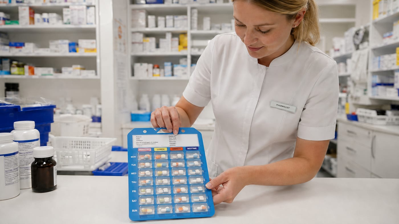 A pharmacist checking a completed weekly Webster pack in the dispensary