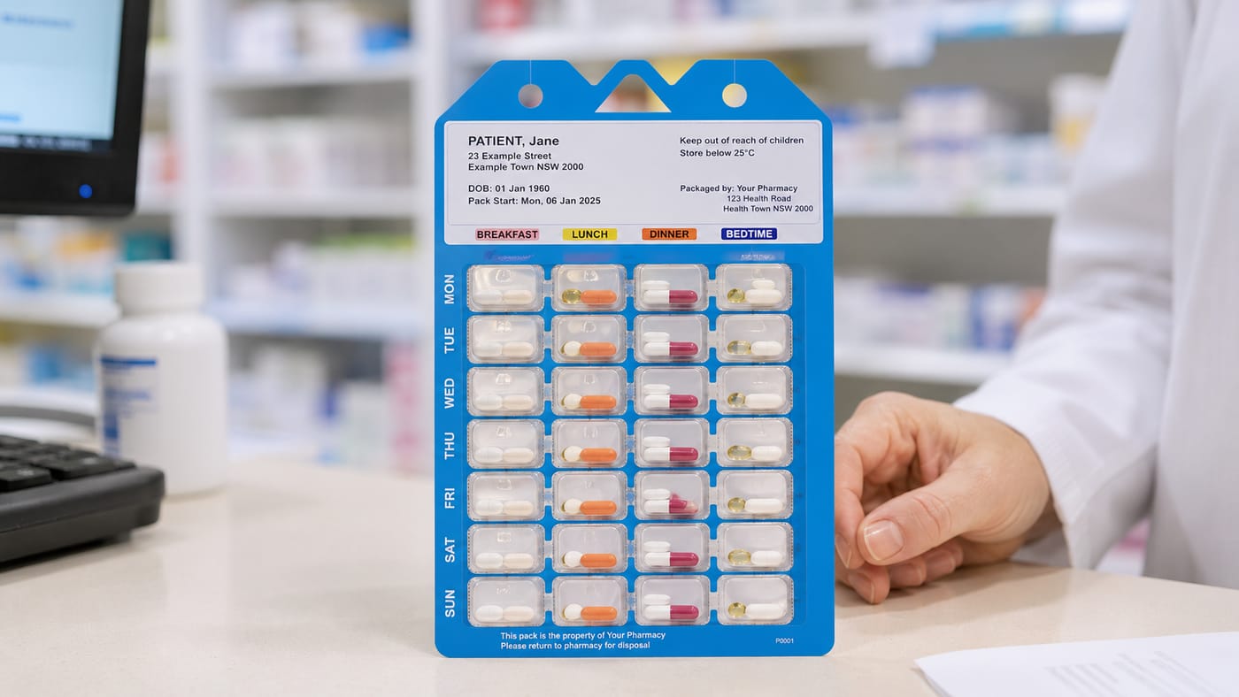 A labelled Webster pack showing the days of the week and morning, lunch, dinner and bedtime dose slots, on a pharmacy counter