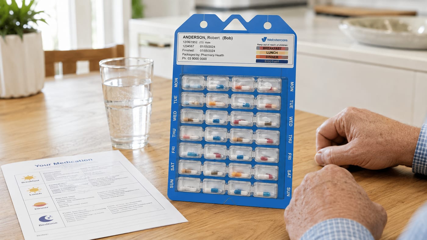A Webster pack beside a daily medication schedule on a kitchen table at home